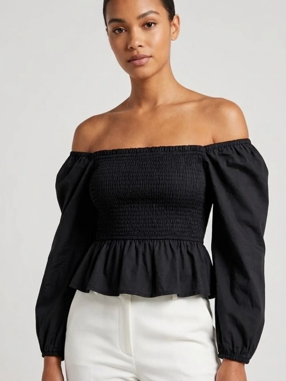 J Crew Off-Shoulder Black Smocked Peplum Top Renaissace Boho